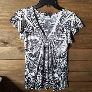 Apt 9 Whimsical Fairycore White Black Vneck Babydoll Shirt Dress Sz PL Sm